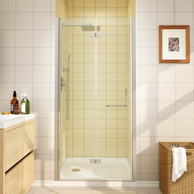 36 to 37-1/4 in. W x 72 in. H Bi-Fold Frameless Shower Door in Brushed Nickel with Clear Glass, Double-Sided Handles and Shatter-Resistant Film