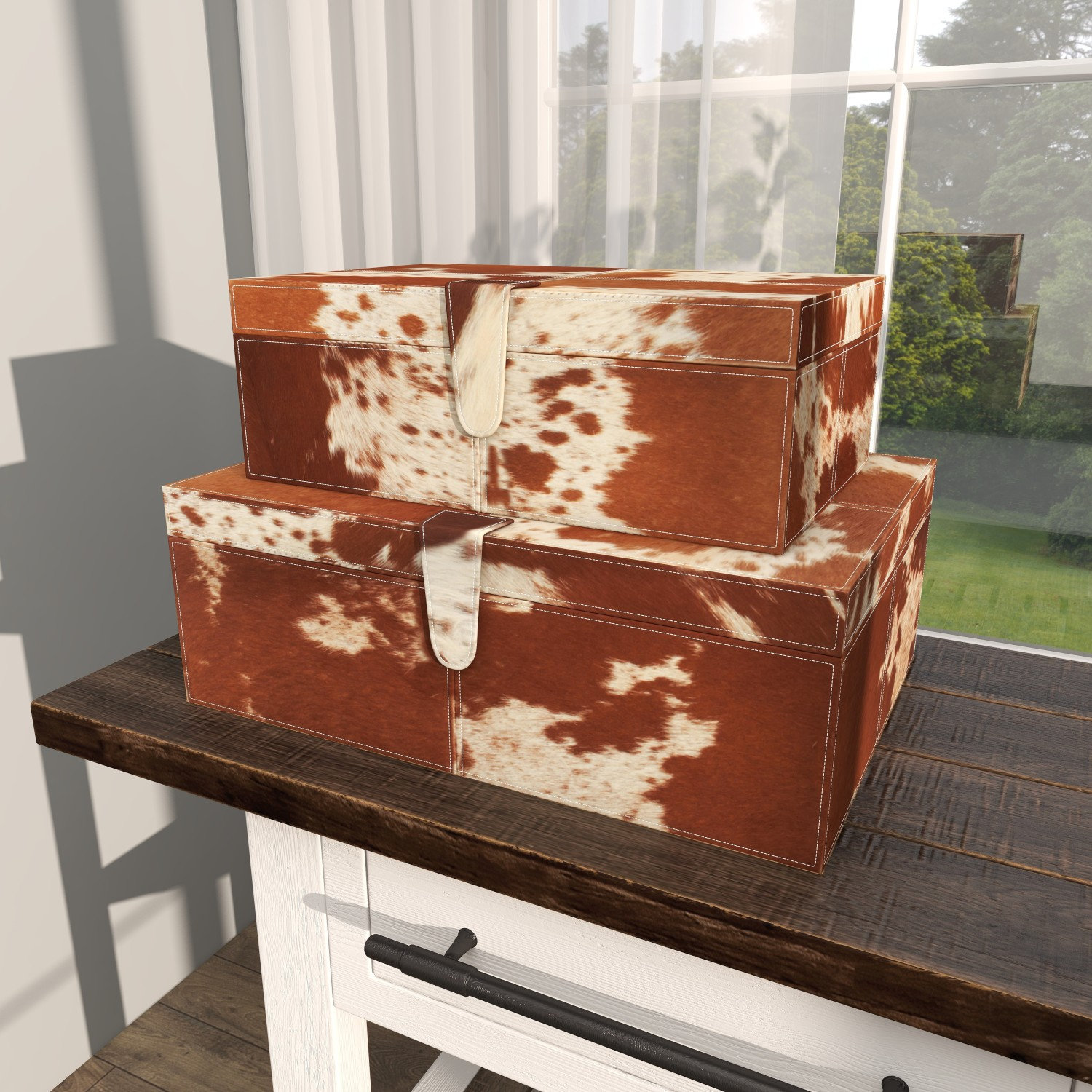Georgine Leather Hide Box Set, Brown/White