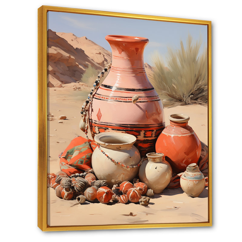 Art mural rose sur toile - Poterie bohème, Cadre flottant doré, H 44 po x l 34 po x P 1,5 po