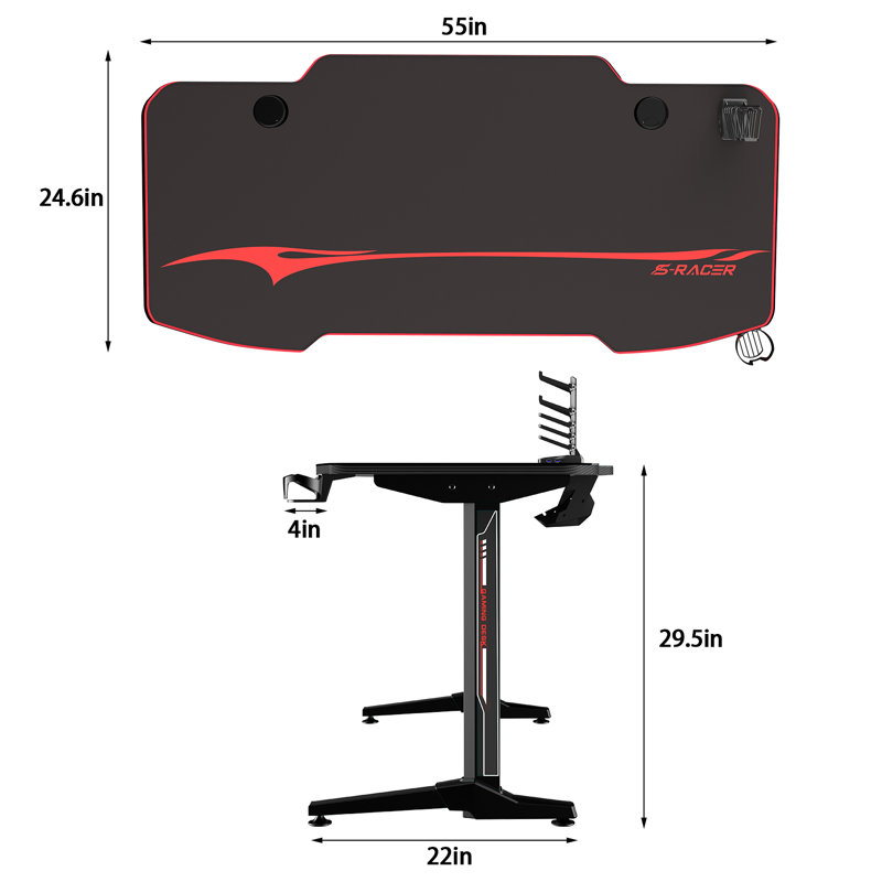Metal Frame Computer Desk PC Gaming Desk With Cable Tray And Headphone Hook, Black, 73.66cm H x 139.7cm W x 62.48cm D