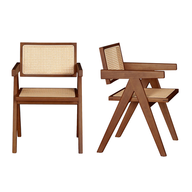 Alaynnah Retro Wood Rattan Back Handmade Armchair, Dark Walnut