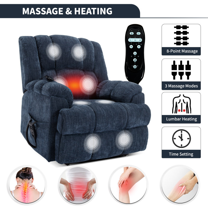 Dual Power Lift Recliner With Heat And Massage, Infinite Position, 180°reclining, Sidepocket, Blue