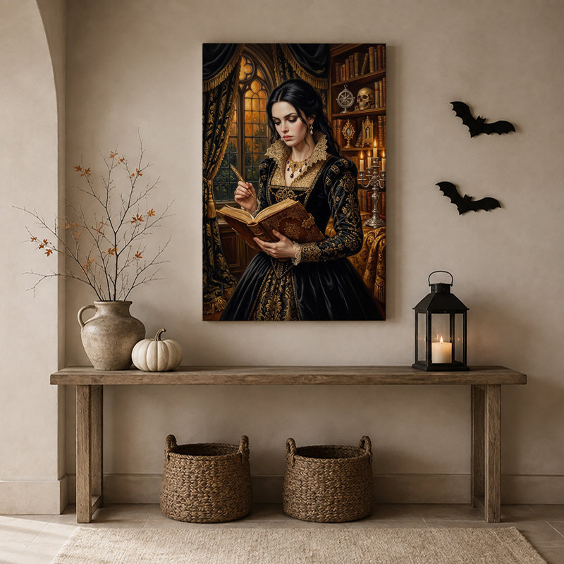 Dame en noir et or, robe historique, lecture d'Halloween, art mural sur toile, H 18 po x l 12 po