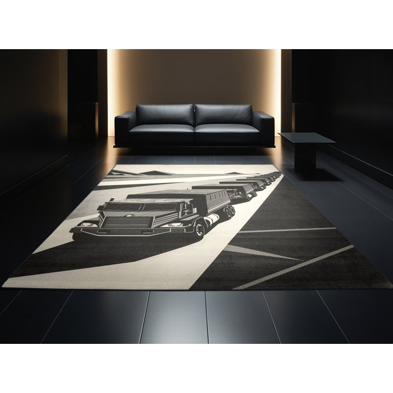 Tapis noir à motif de blocs convoi lavable à la machine Mendon Transport, 7 x 9