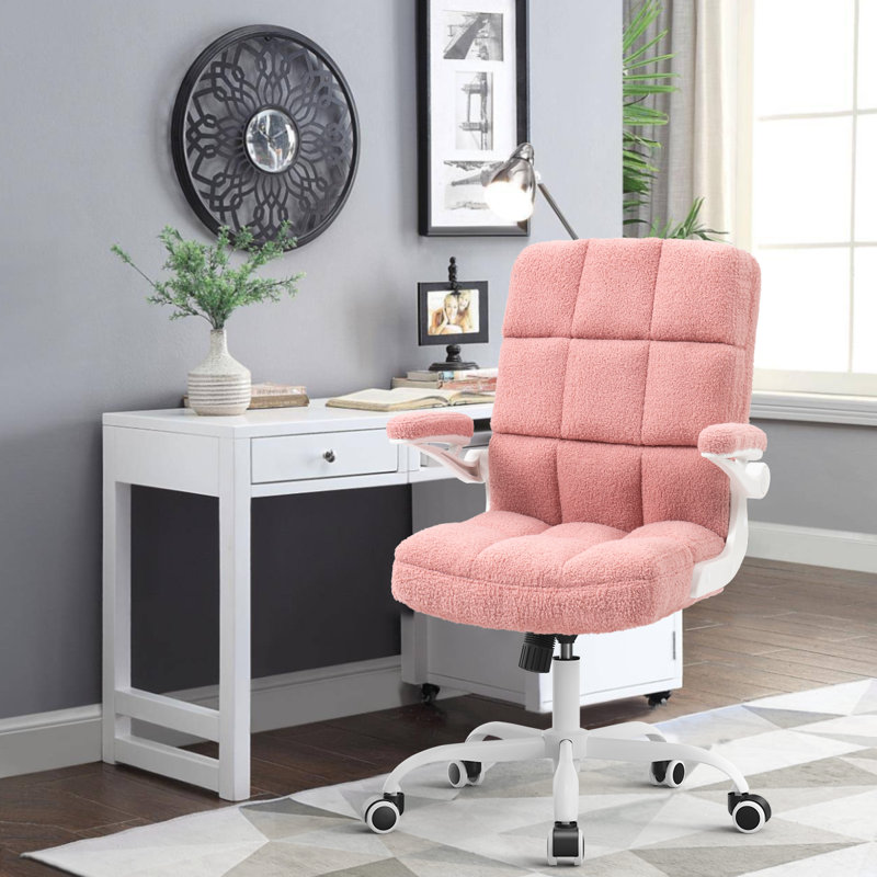 Ergonomic Executive Chair, Pink, White, Teddy Fleece