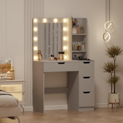 Makeup Vanity Desk with Mirror and Lights, 35 Inch Makeup Table with 4 Drawers and Built-in Power Strip, 3 Model Light Adjustable Dressing Table