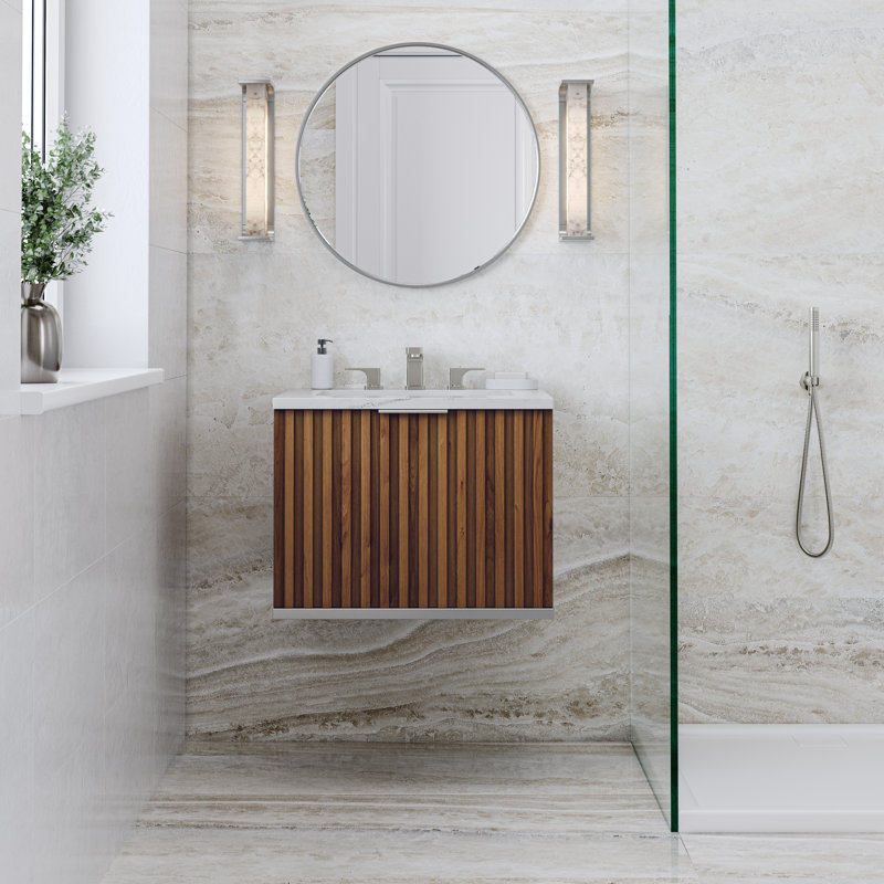 Terra 24'' Single Bathroom Vanity with Top, Brushed Nickel, Calacatta Quartz/Widespread Faucet Mount