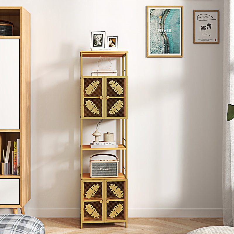 Tall Orange and Gold Metal Floor Storage Cabinet with Open Compartments