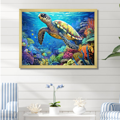 Blue Sea Turtle World - Coastal Coral Under Water Wall Art