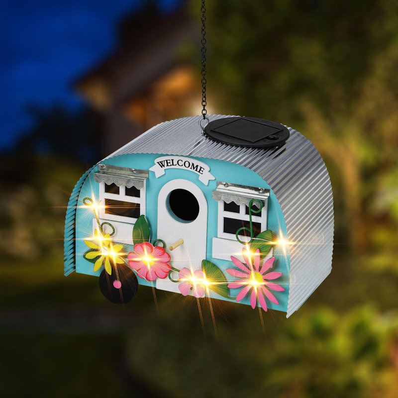 Tree Hanging Caravan Bird House – Colorful Metal Nesting Box With 10 LED Solar String Lights For Outdoor Garden Décor