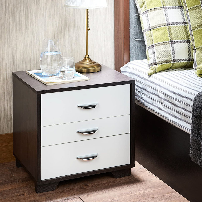 Table de chevet rectangulaire moderne avec 3 tiroirs fonctionnels blancs et noirs pour une chambre à coucher bien rangée