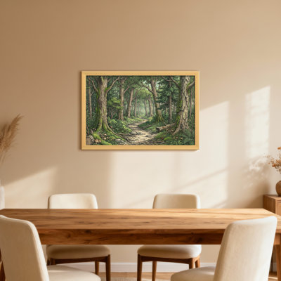 Chemin forestier avec de grands arbres et de la mousse verte