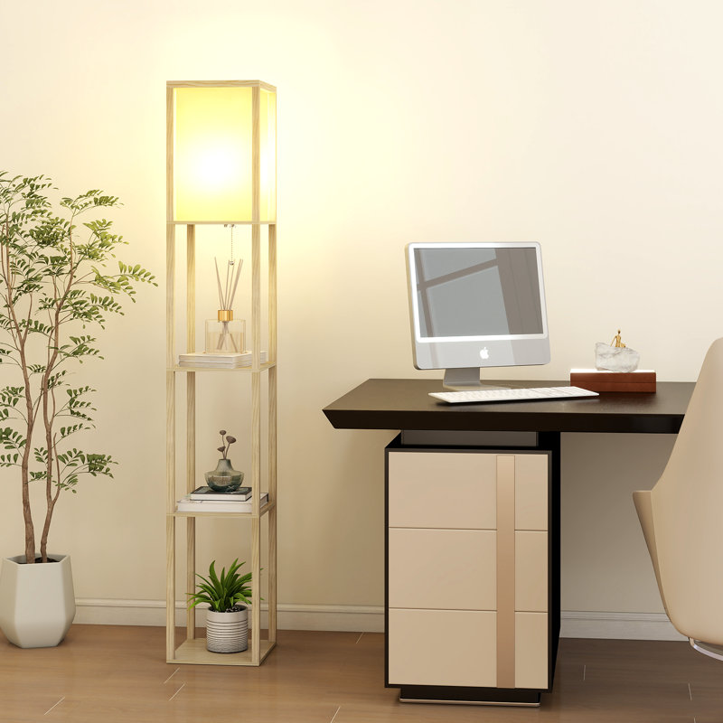 LED Shelf Floor Lamp, Wooden Reading Standing Light with Storage, Living Room Office, Beige