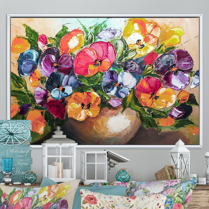 Fleurs et fruits impressionnisme - reproduction de cadre flottant sur toile, H 24 po x l 36 po x P 1 po, Cadre flottant blanc