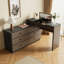 Bureau de meuble-lavabo extensible convertible en L en bois pour la maison et le bureau avec miroir de maquillage rabattable et 6 tiroirs de rangement, dont 2 petits tiroirs de rangement-2031934658