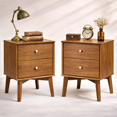 Mid-Century Modern 2-Drawer Nightstand With Tapered Legs