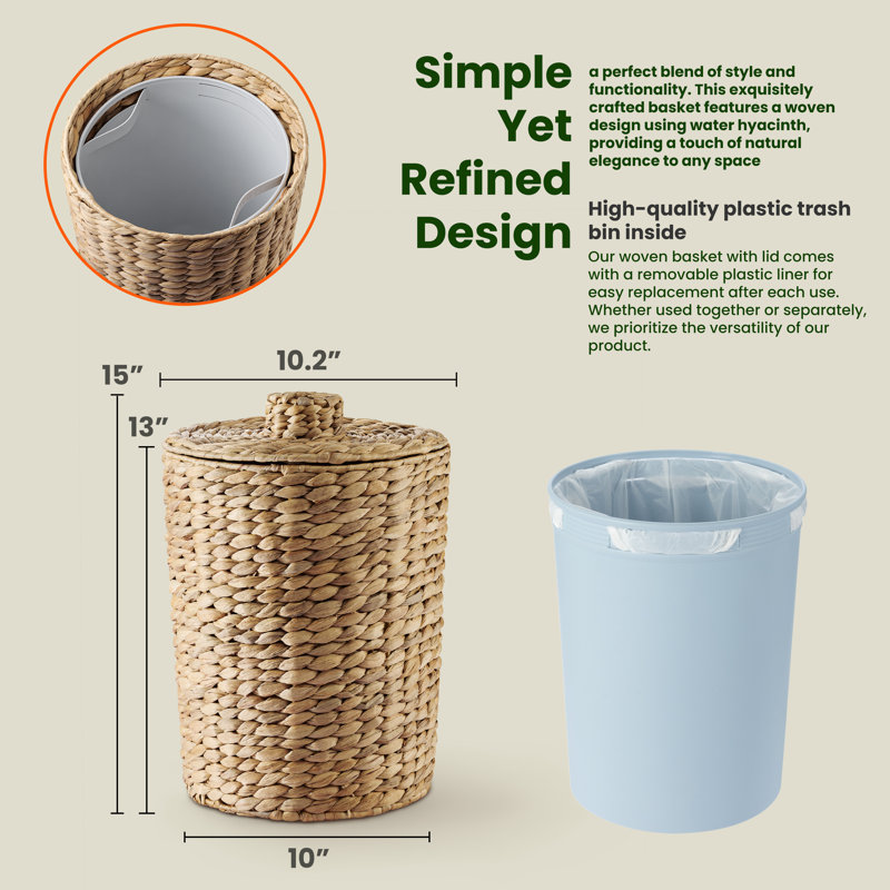 Panier à déchets en osier 4 gallons - poubelle de salle de bain jacinthe d'eau avec couvercle - poubelle de salle de bain style bohème - poubelle en osier avec couvercle pour la maison, cuisine - doublure amovible, structure en fer