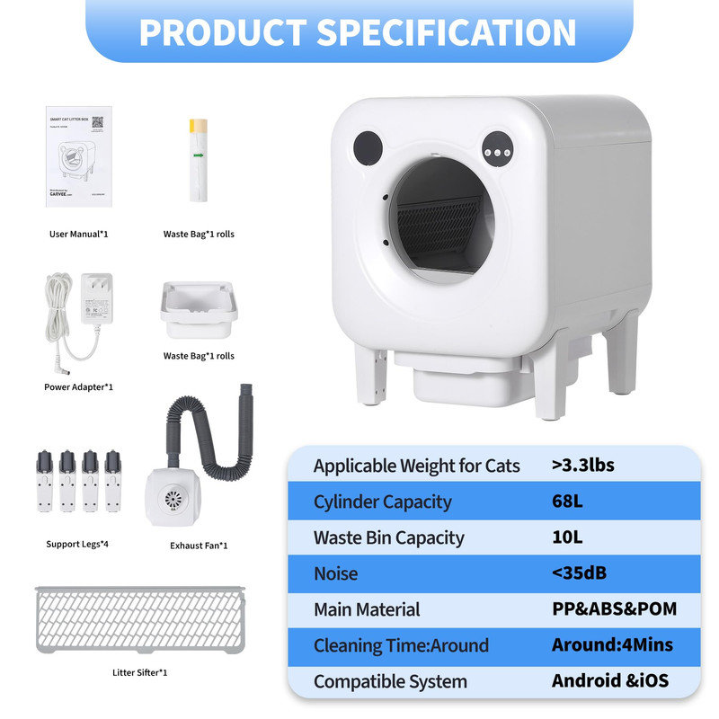 Bac à litière autonettoyant compatible WiFi, grand système de litière automatique pour chat d'une capacité de 70L