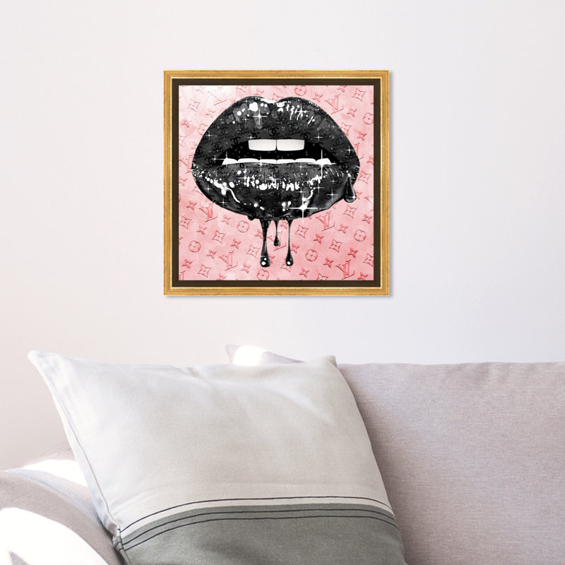 Fashion and Glam Noir and Blush Lips - impression d'art graphique, H 12 po x l 12 po x P 1,5 po, Toile encadrée d'or