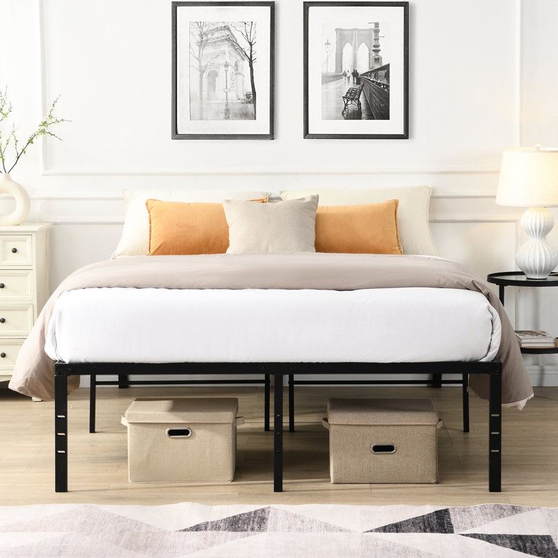 Black Heavy Duty Queen Size Metal Bed Frame, Simple And Quick Setup, Silent Noise - , 1000 Pound Capacity, Steel Slats For Mattress, Under Storage Area, Leg Holes Connection Color, Fast Assembly, No