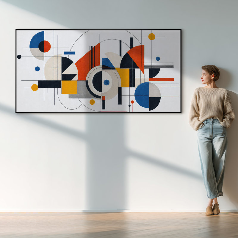 Très grand art mural imprimé sur tissu - formes de Bauhaus géométriques bleues - "Assemblage requis (cadre non fini)"