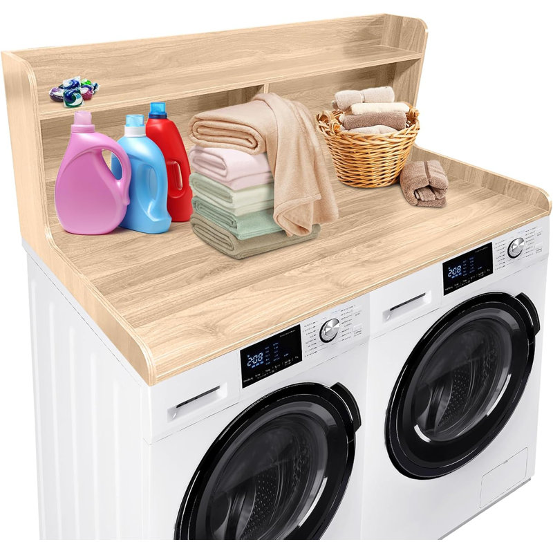 2-Tier Washer Dryer Countertop, Wood Laundry Countertop With 2.75" H Edge Rails, Waterproof Washer Dryer Cover With Anti-Slip Pads For Laundry Room Organization And Storage