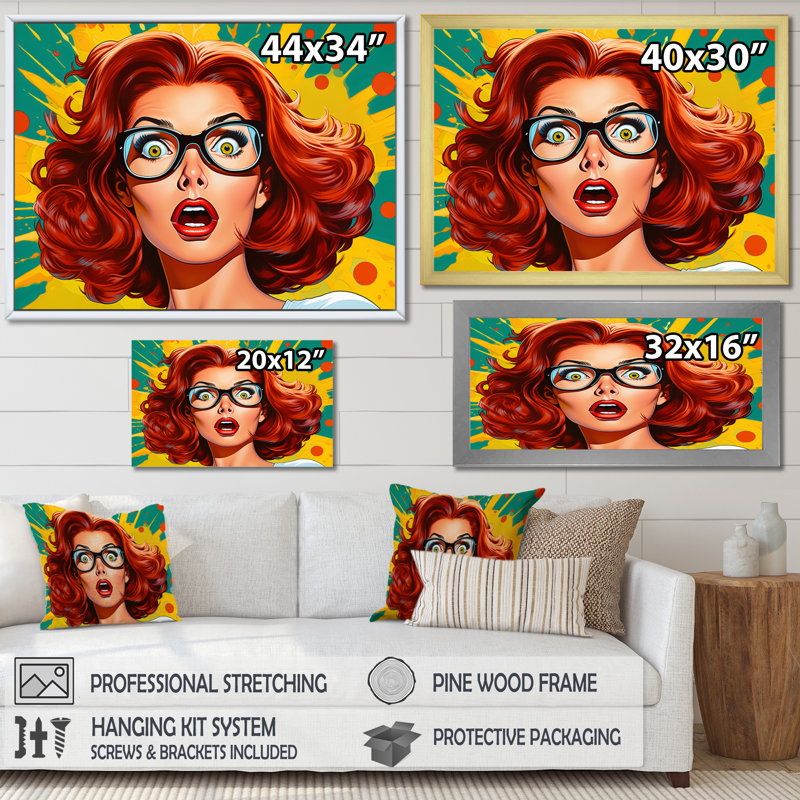 Pop Art Retro Portrait - reproduction sur toile, Encadrement doré, H 30 po x l 40 po x P 1,5 po