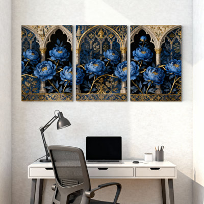 Plantes et fleurs fleurs bleues arche gothique or ensemble de 3 impressions sur toile