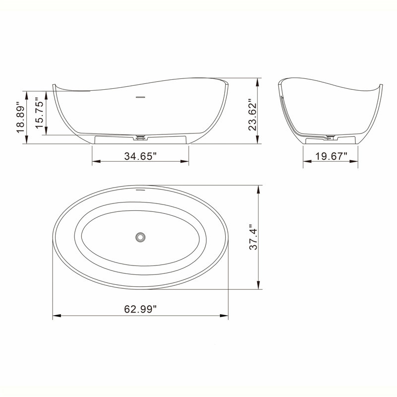 63.00'' x 37.40'' Freestanding Soaking Solid Surface Bathtub, Black