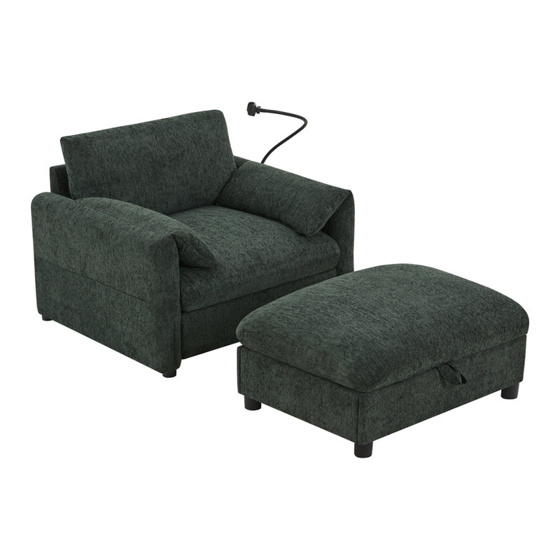 Canapé simple de 38 po avec repose-pieds de rangement, support de téléphone réglable, chargeur USB, poches de rangement latérales, accoudoirs en forme d'oreiller, chaise longue à siège large