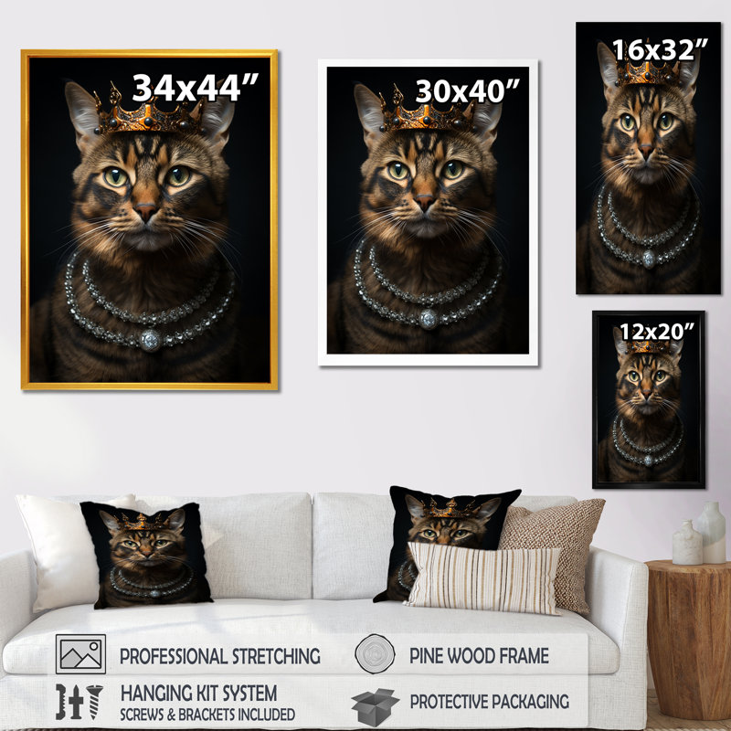 Royal Cat Crown Portrait II - art mural chat, H 40 po x l 30 po x P 1,5 po, Cadre doré simple