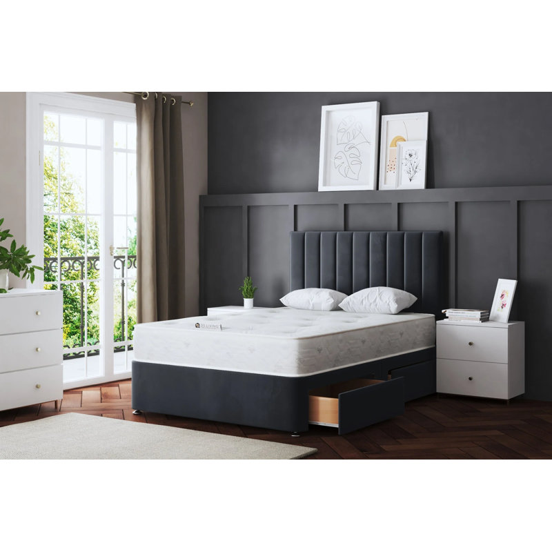 Amelia Upholstered Panel 4 Draw Divan Bed with Headboard, Grey, Double (4'6)