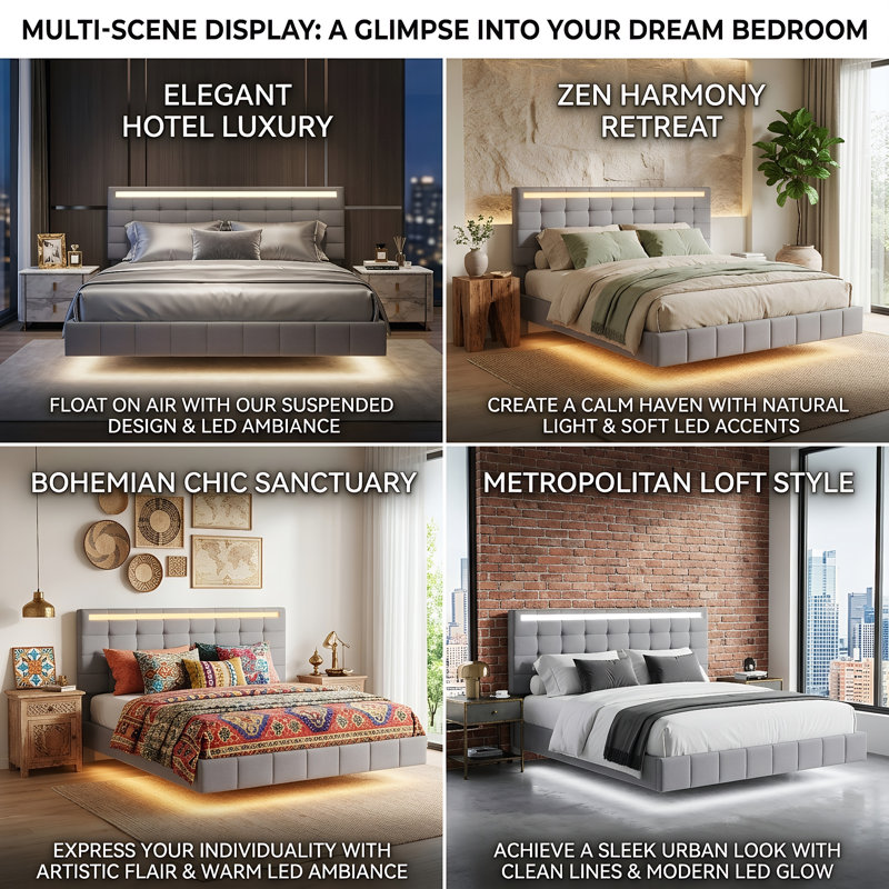 EU Double & King Floating Linen Bed Frame with Dual-Zone LED & USB Charging, Adjustable Tufted Headboard, Beige/Grey, 140/160x200cm