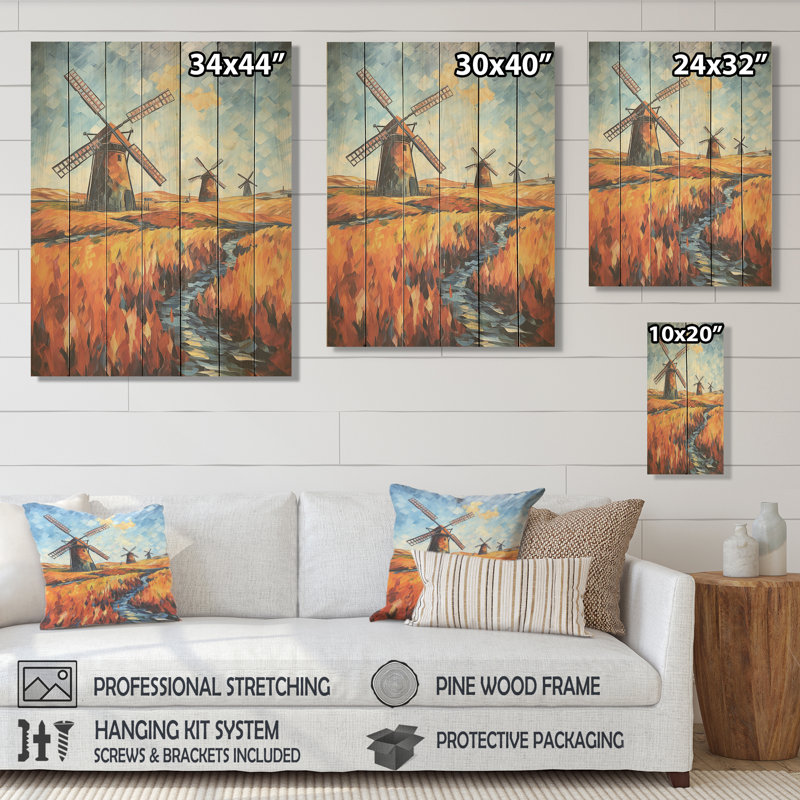 Fauvist Windmill Meadows I - Éoliennes sur bois, H 44 po x l 34 po