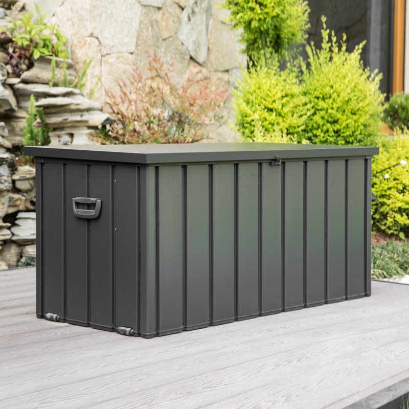 Domi Louvered 120 Gallons Gallon Water Resistant Resin Storage Bench with Lock and Wheels in Gray