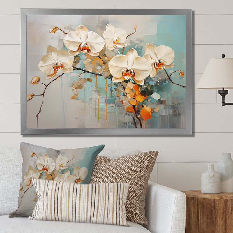 Orchidées beiges tranquillité sur toile, Cadre simple argenté, H 34 po x l 44 po x P 1,5 po