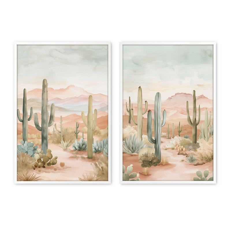 Ensemble de 2 estampes de cactus, Blanc opaque, H 15 po x l 24 po
