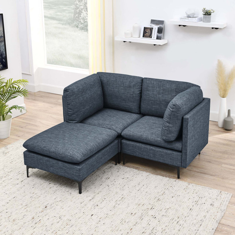 Canapé modulaire en lin avec pieds en métal, Left Hand Facing, 35" H x 64" W x 61.5" D, Dark Blue Linen