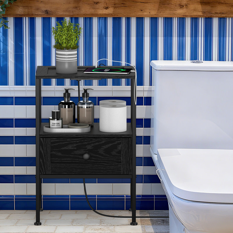 Table de chevet noire avec station de charge, table de bout moderne avec tiroir et tablette de rangement pour la chambre à coucher et le salon
