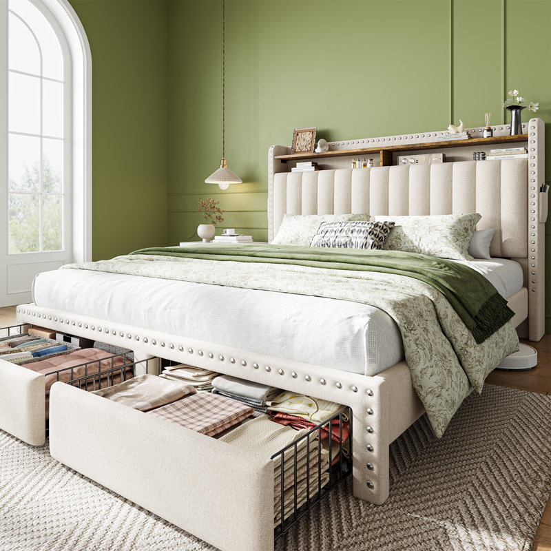 Francille Queen Size Upholstered Bed Frame with Rivet Decoration, 2 Underbed Drawers, 2-Tier Storage Headboard with Side Pockets, No Box Spring Needed