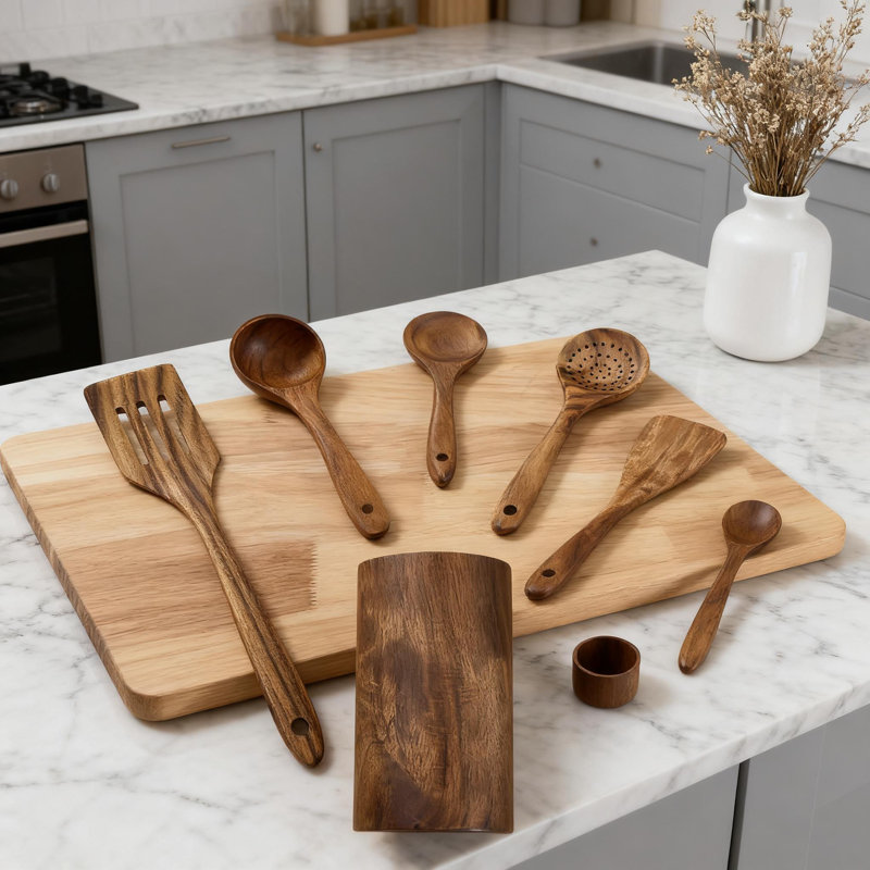 Ensemble d'ustensiles de cuisine en bois de teck 6 pièces pour la cuisson, cuillères en bois antiadhésives avec support