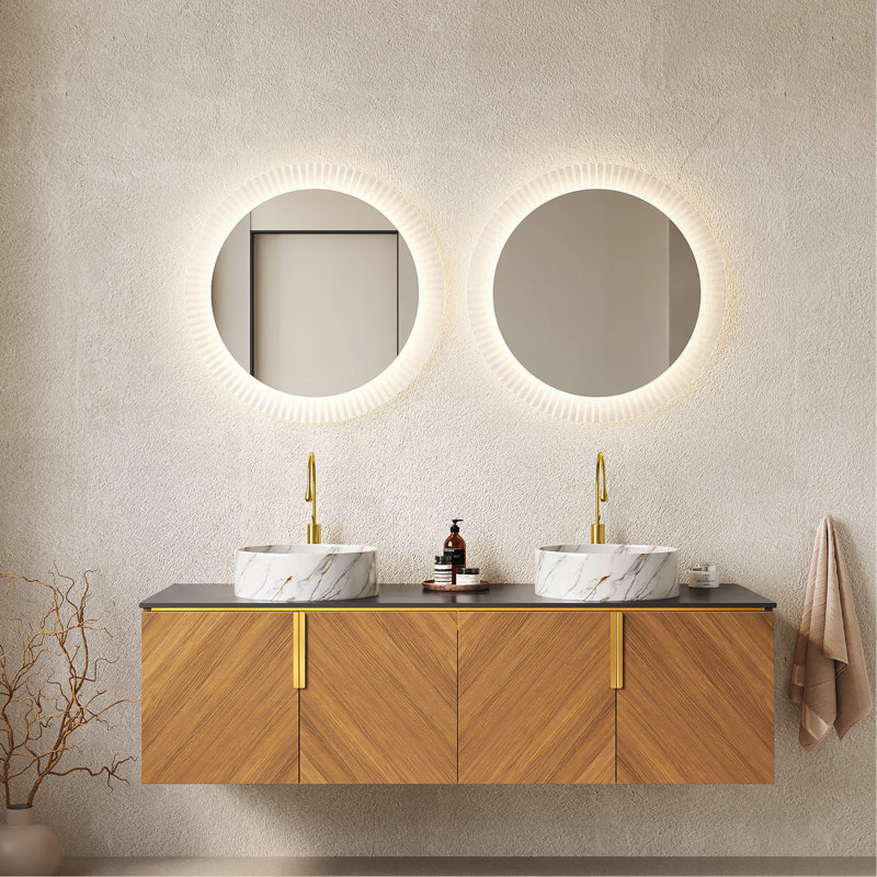 Meuble-lavabo 60 po, meuble-lavabo mural en contreplaqué avec 4 portes, 2 lavabos ronds blancs en céramique avec motif en pierre et comptoir en pierre frittée noire, couleur grain de bois chêne brun