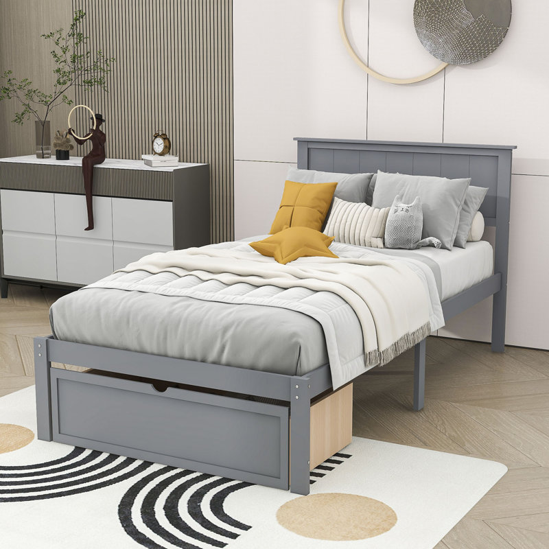 Lit plateforme en bois avec tiroir de rangement Daygen, Blanc