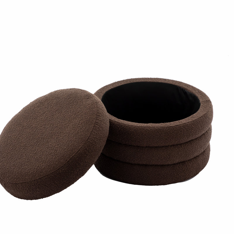Tomkiel Round Storage Ottoman, Brown Boucle