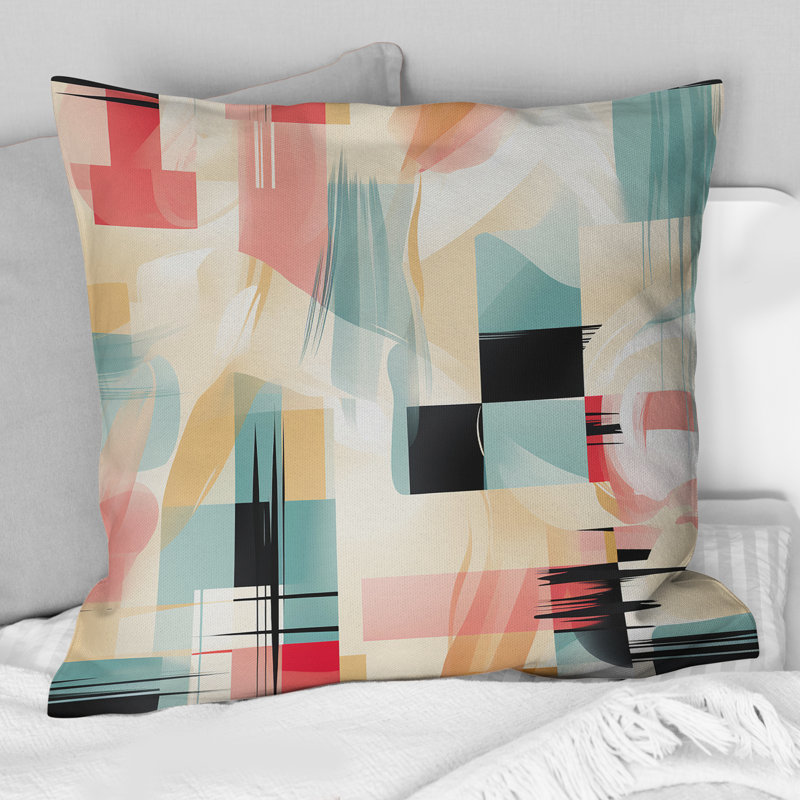 Coussin décoratif beige et vert clair à motif géométrique sophistiqué, H 16 po x l 16 po
