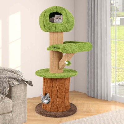 48" Mushroom Cat Tree For Indoor Cats With 2 Cute Condos Plush Perch Teasing Balls