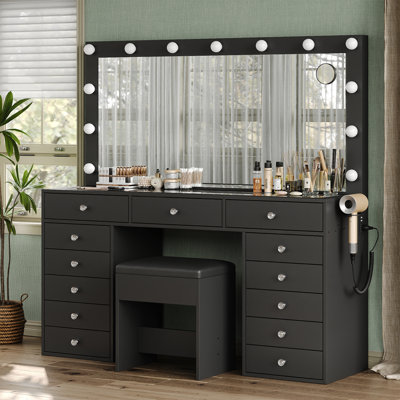 Bureau de coiffeuse 13 tiroirs, coiffeuse de maquillage avec prise de courant, coiffeuse avec miroir et 12 ampoules DEL, 3 modes d'éclairage couleur, ensemble de coiffeuse en verre
