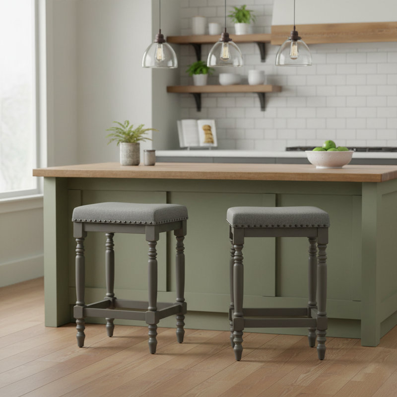 Ensemble de 2 tabourets de bar traditionnels avec pieds en bois tournés, garniture cloutée pour la cuisine et le bar à la maison
