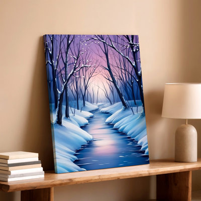 Hiver, forêt, ruisseau, arbres enneigés, reproduction d'art sur toile, paysage