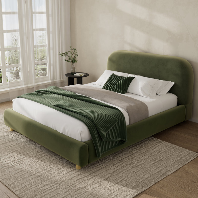 Lit plateforme tapissier avec tête de lit courbée, Grand, Vert olive